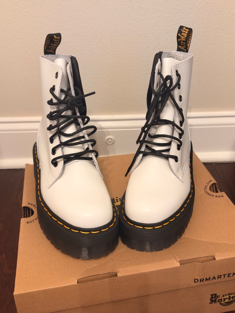 Dr. Martens White Platform Lace-Up Boots with Yellow Stitching-Brand New